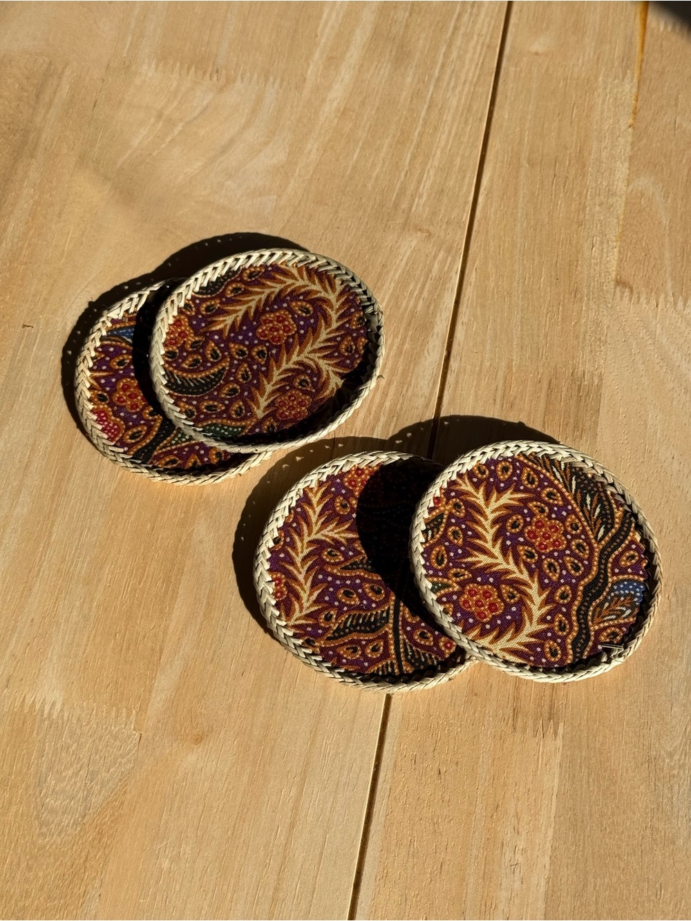 Handwoven Paisley Fabric Coasters — Purple & Gold Set